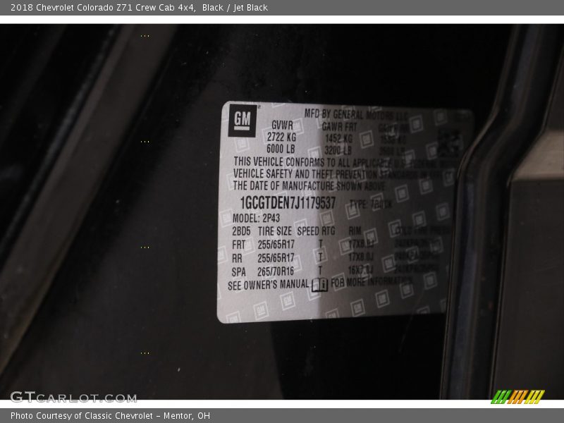 Black / Jet Black 2018 Chevrolet Colorado Z71 Crew Cab 4x4