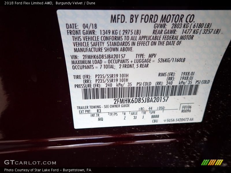 2018 Flex Limited AWD Burgundy Velvet Color Code R3
