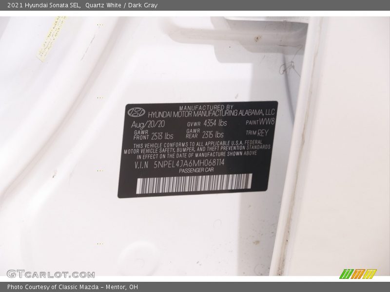 Quartz White / Dark Gray 2021 Hyundai Sonata SEL
