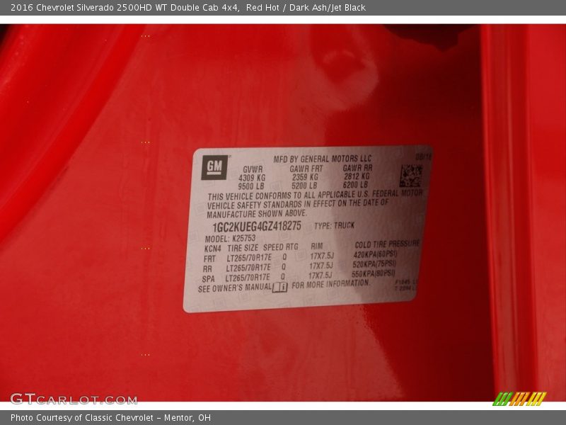 Red Hot / Dark Ash/Jet Black 2016 Chevrolet Silverado 2500HD WT Double Cab 4x4