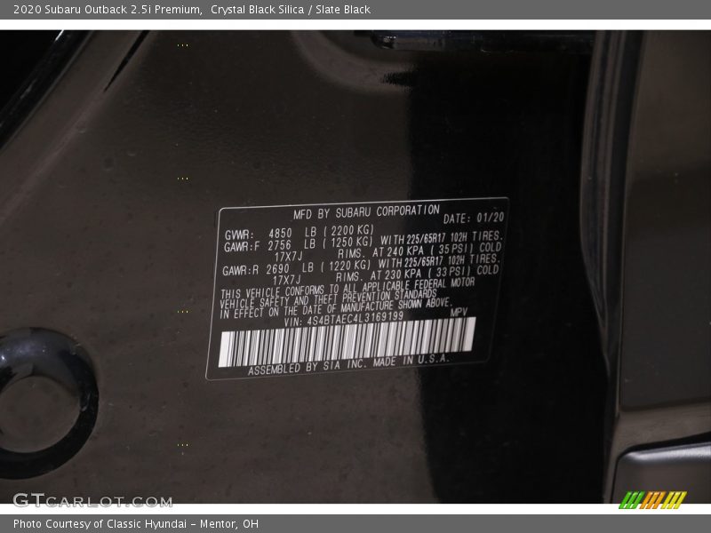 Crystal Black Silica / Slate Black 2020 Subaru Outback 2.5i Premium