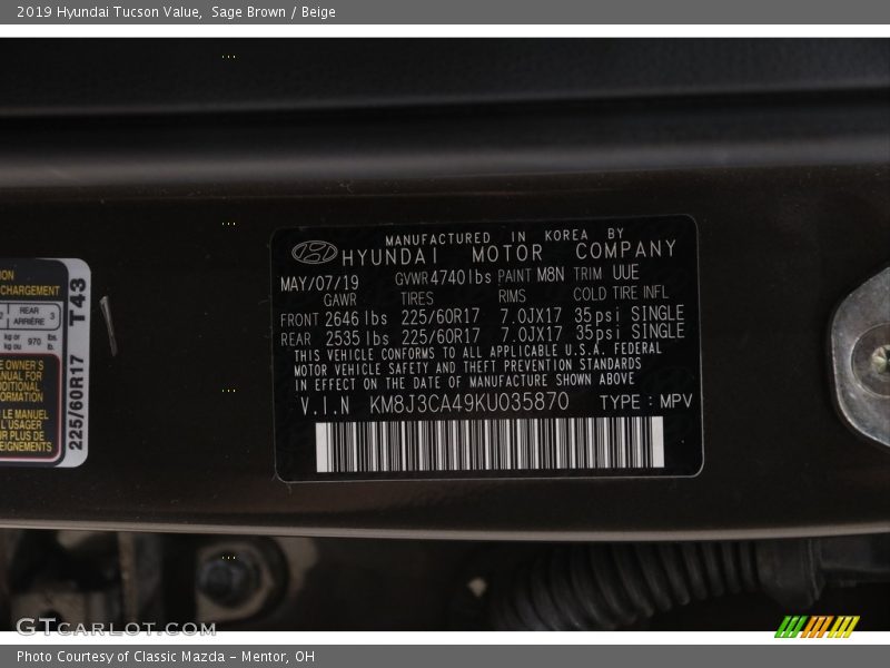 Sage Brown / Beige 2019 Hyundai Tucson Value