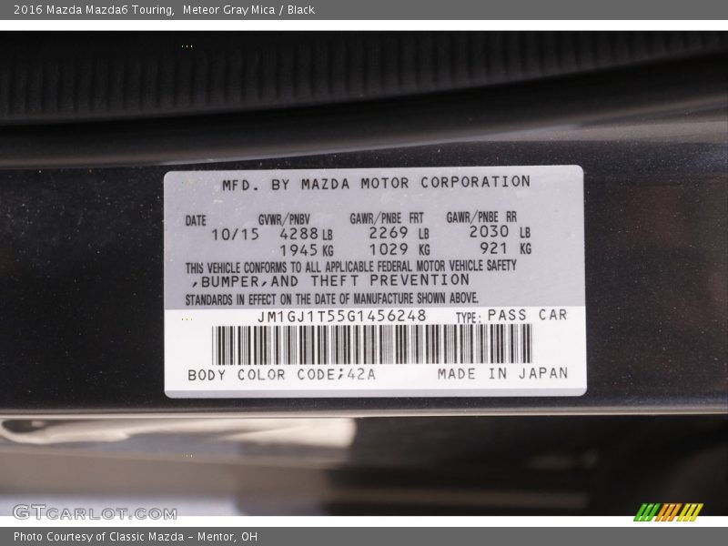 2016 Mazda6 Touring Meteor Gray Mica Color Code 42A