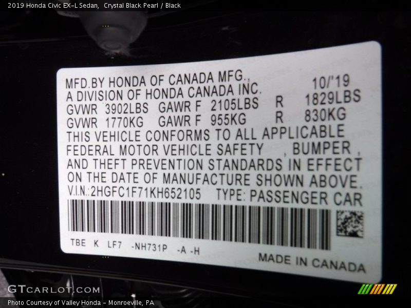 2019 Civic EX-L Sedan Crystal Black Pearl Color Code NH731P