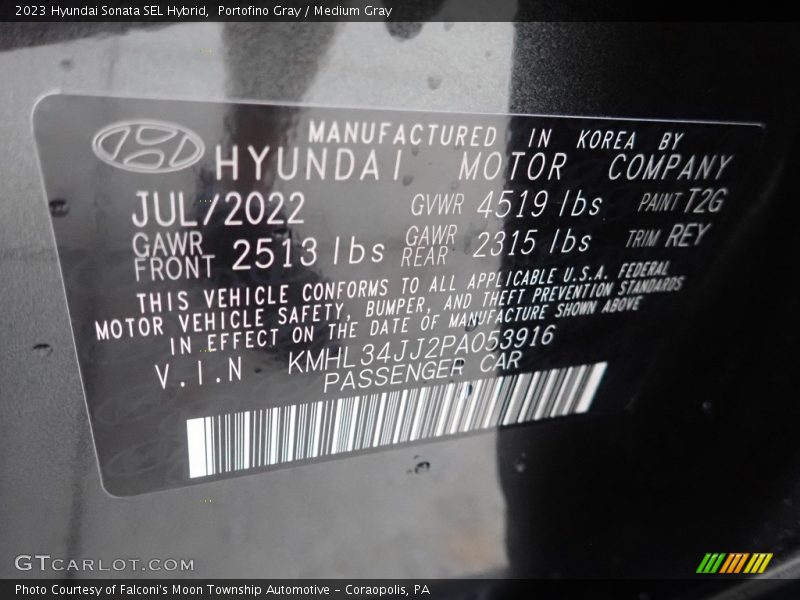 2023 Sonata SEL Hybrid Portofino Gray Color Code T2G