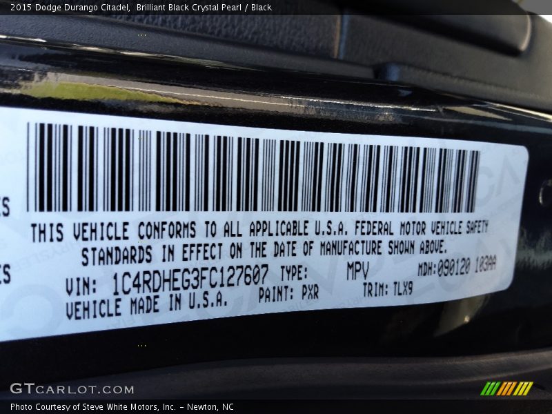 2015 Durango Citadel Brilliant Black Crystal Pearl Color Code PXR