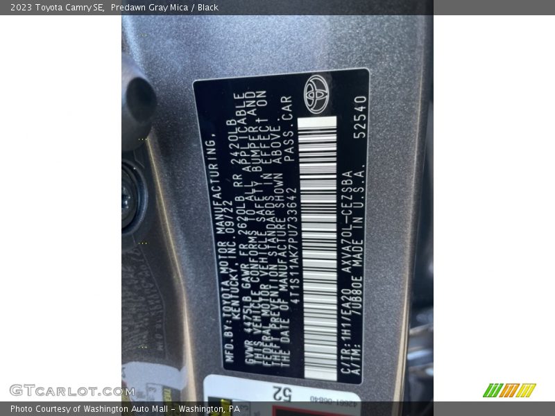 2023 Camry SE Predawn Gray Mica Color Code 1H1