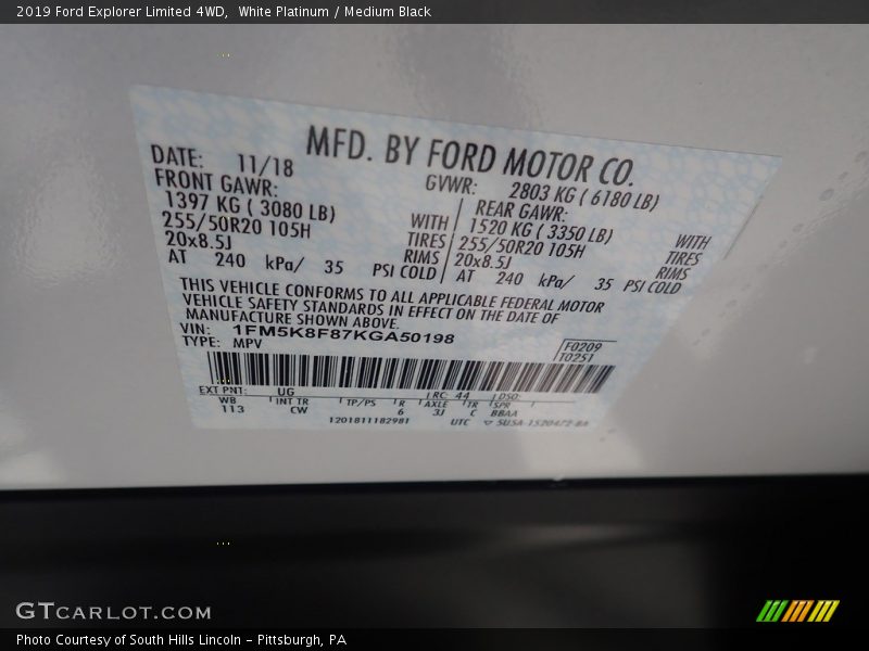 White Platinum / Medium Black 2019 Ford Explorer Limited 4WD