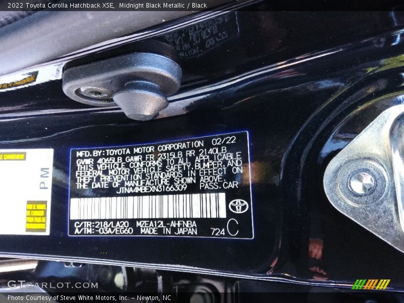 2022 Corolla Hatchback XSE Midnight Black Metallic Color Code 218