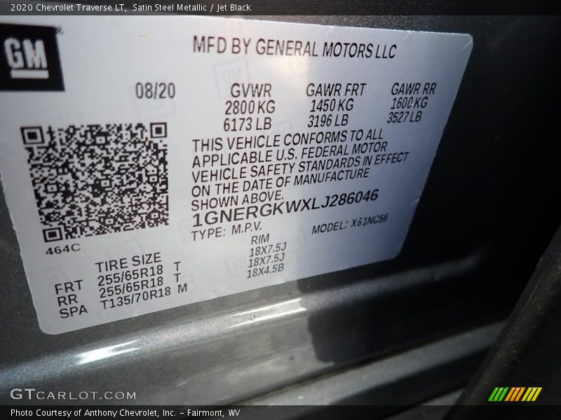 Satin Steel Metallic / Jet Black 2020 Chevrolet Traverse LT