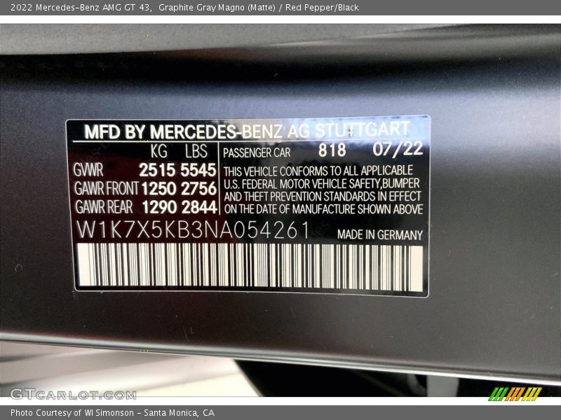 2022 AMG GT 43 Graphite Gray Magno (Matte) Color Code 818