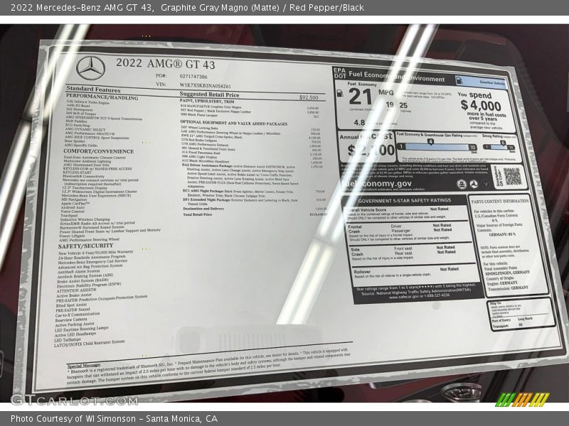  2022 AMG GT 43 Window Sticker