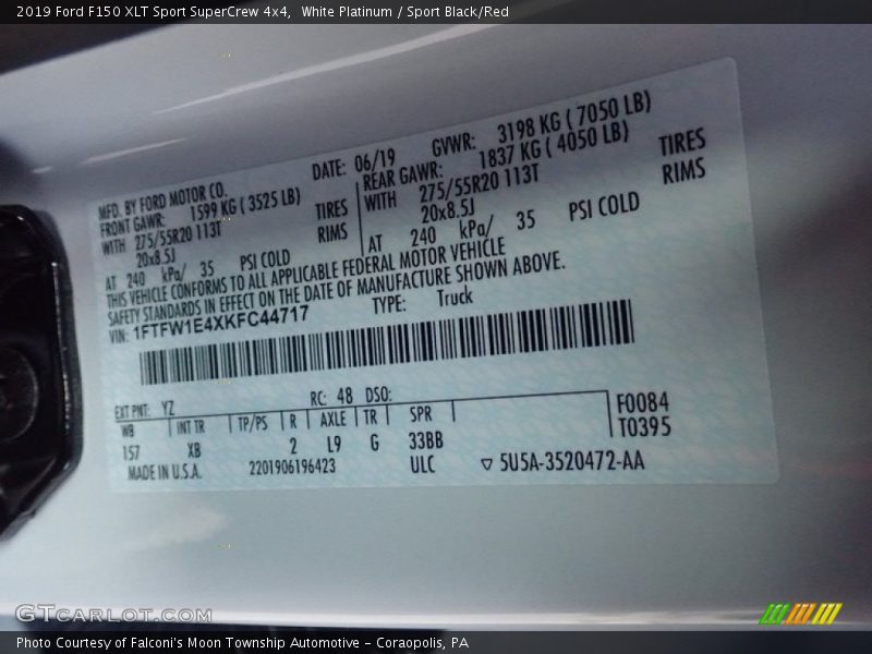 White Platinum / Sport Black/Red 2019 Ford F150 XLT Sport SuperCrew 4x4