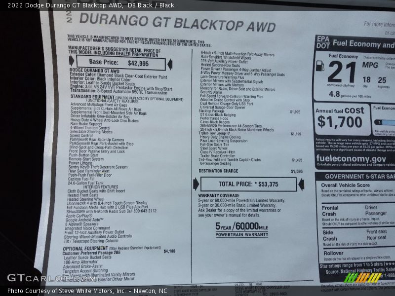  2022 Durango GT Blacktop AWD Window Sticker
