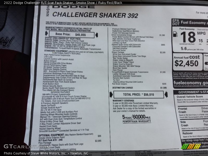  2022 Challenger R/T Scat Pack Shaker Window Sticker