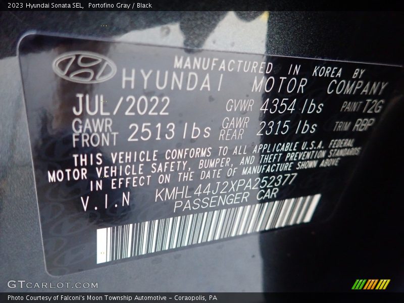 Portofino Gray / Black 2023 Hyundai Sonata SEL