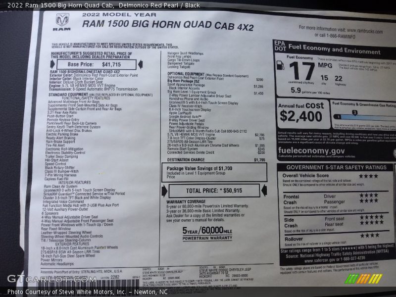  2022 1500 Big Horn Quad Cab Window Sticker