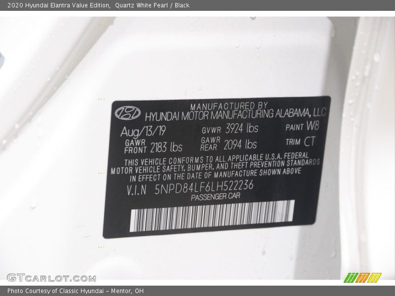 Quartz White Pearl / Black 2020 Hyundai Elantra Value Edition