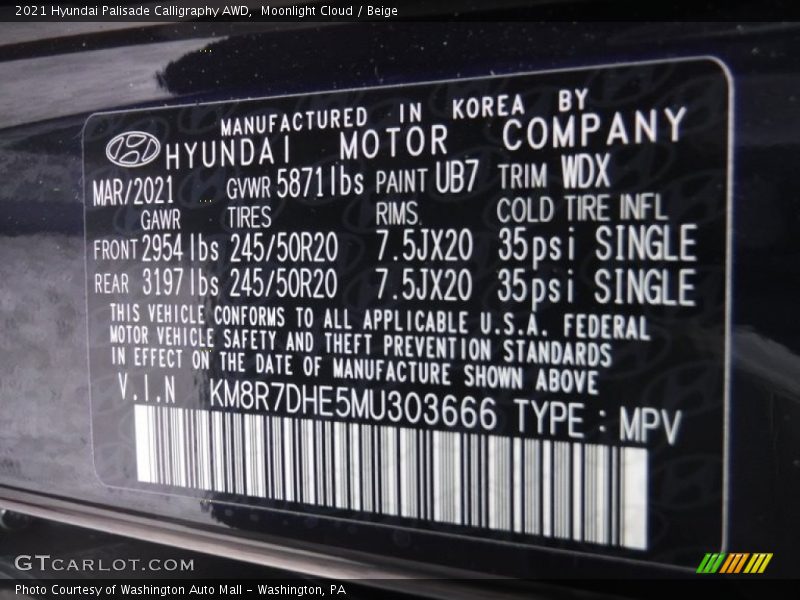 2021 Palisade Calligraphy AWD Moonlight Cloud Color Code UB7
