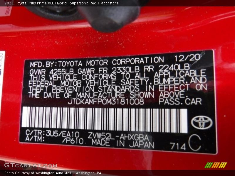 2021 Prius Prime XLE Hybrid Supersonic Red Color Code 3U5