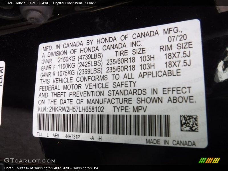 Crystal Black Pearl / Black 2020 Honda CR-V EX AWD