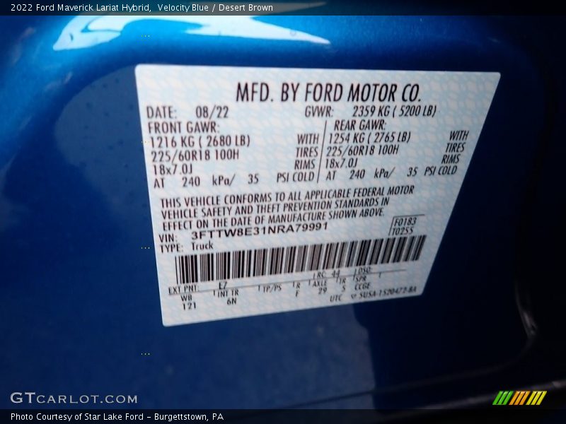 2022 Maverick Lariat Hybrid Velocity Blue Color Code E7