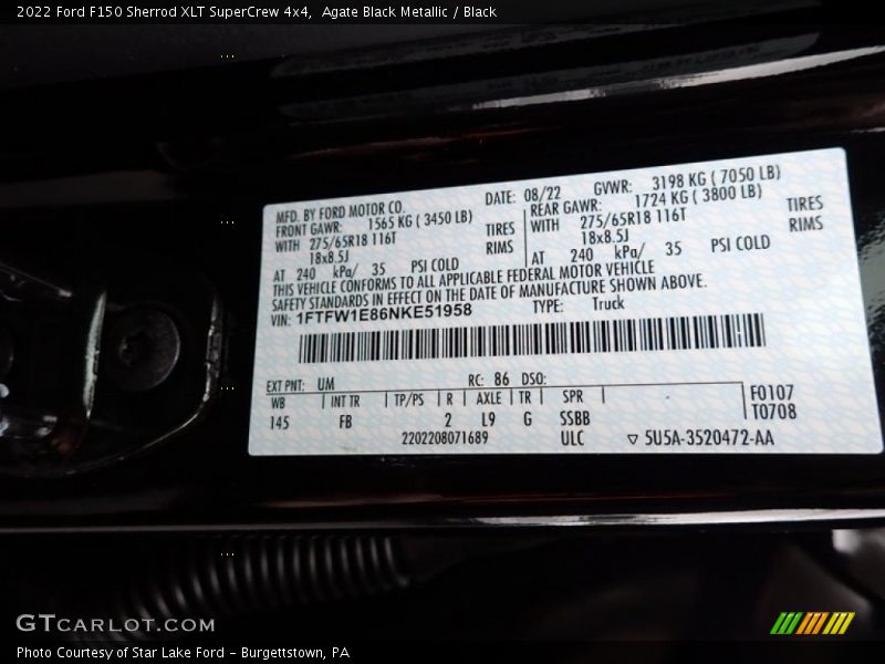 2022 F150 Sherrod XLT SuperCrew 4x4 Agate Black Metallic Color Code UM