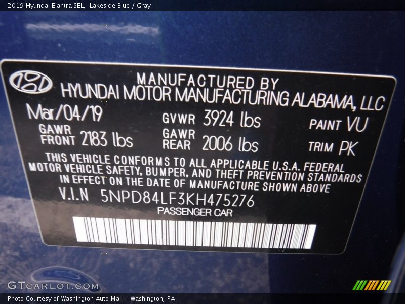 Lakeside Blue / Gray 2019 Hyundai Elantra SEL