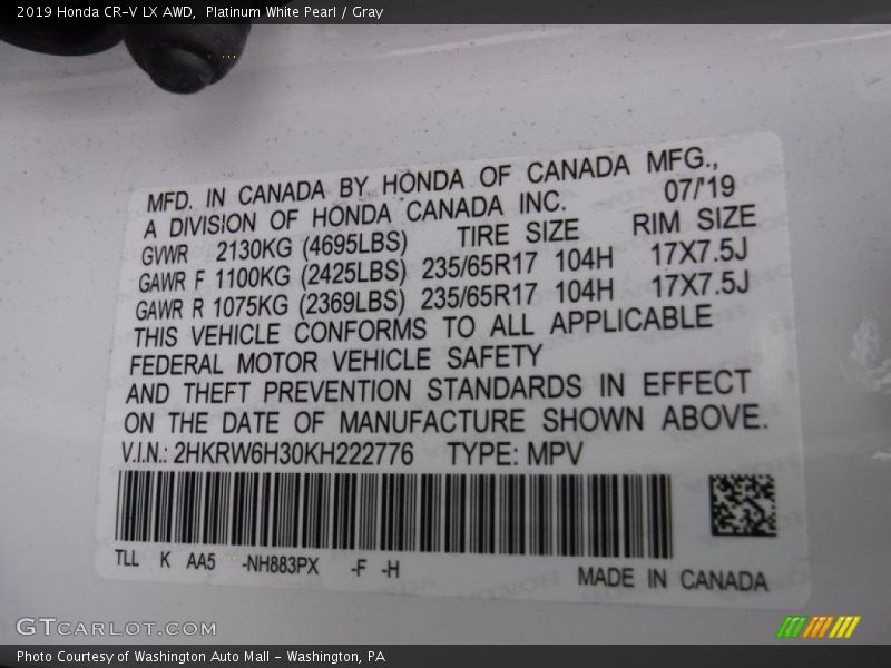 Platinum White Pearl / Gray 2019 Honda CR-V LX AWD