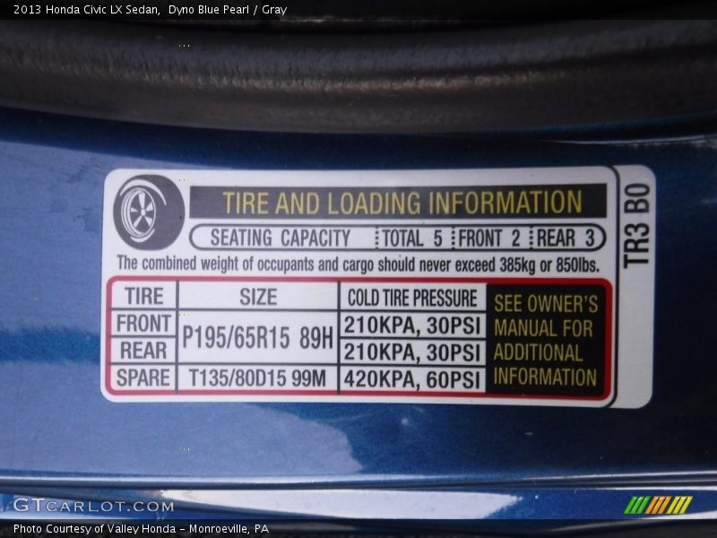 Info Tag of 2013 Civic LX Sedan