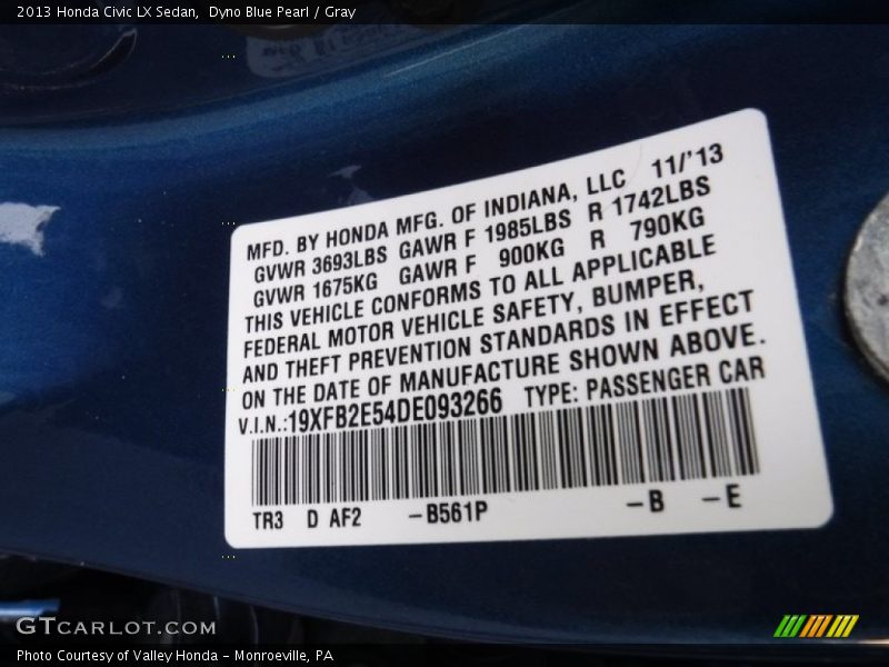 2013 Civic LX Sedan Dyno Blue Pearl Color Code B561P