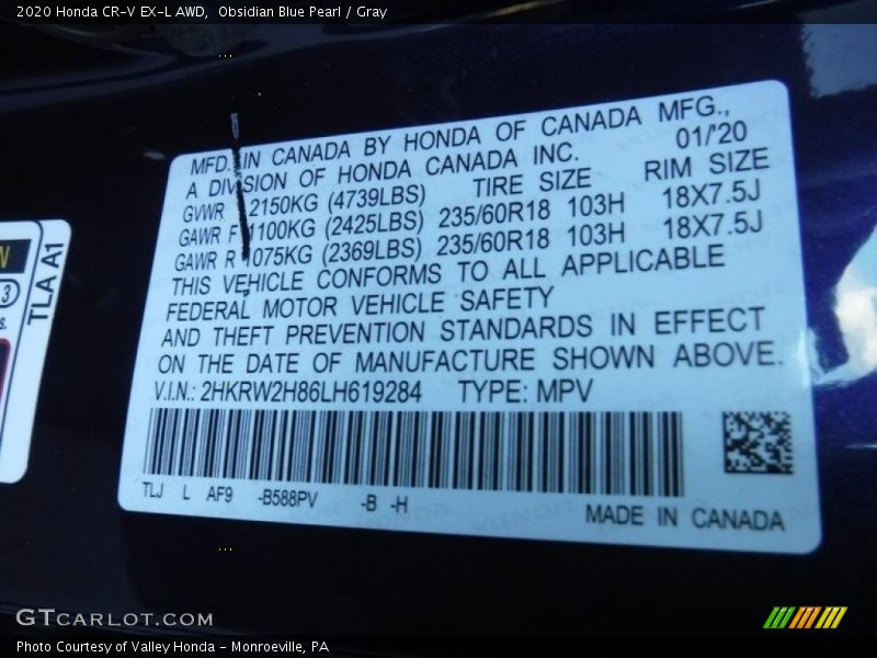 Obsidian Blue Pearl / Gray 2020 Honda CR-V EX-L AWD
