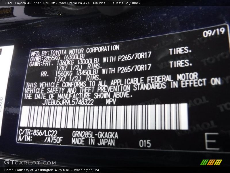 2020 4Runner TRD Off-Road Premium 4x4 Nautical Blue Metallic Color Code 8S6
