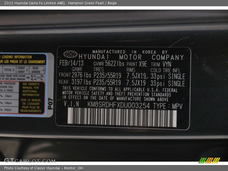 Hampton Green Pearl / Beige 2013 Hyundai Santa Fe Limited AWD