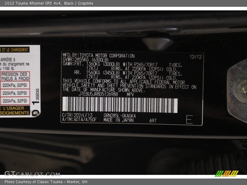 2013 4Runner SR5 4x4 Black Color Code 202
