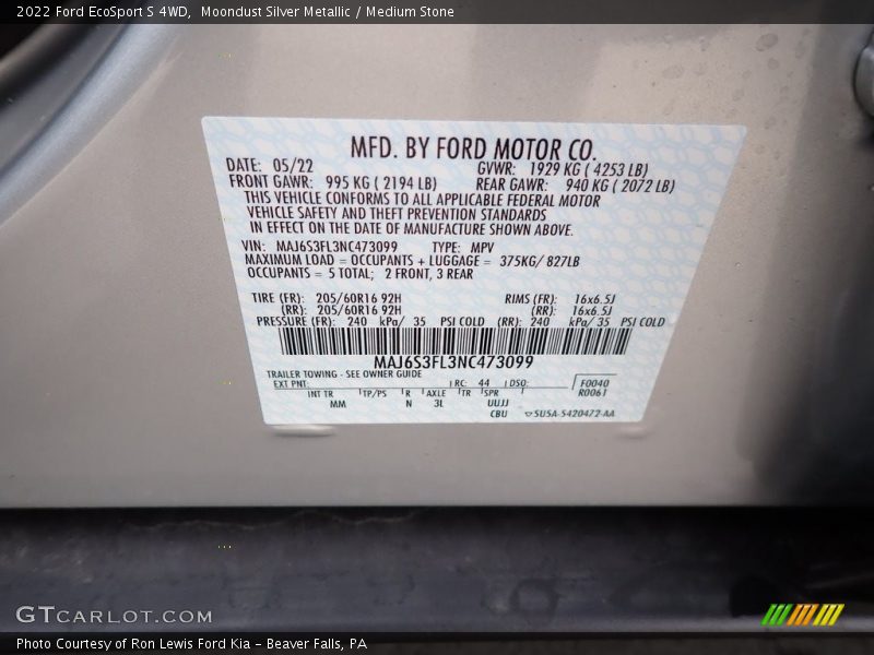 Moondust Silver Metallic / Medium Stone 2022 Ford EcoSport S 4WD
