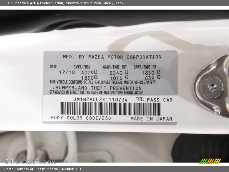 2019 MAZDA3 Select Sedan Snowflake White Pearl Mica Color Code 25D
