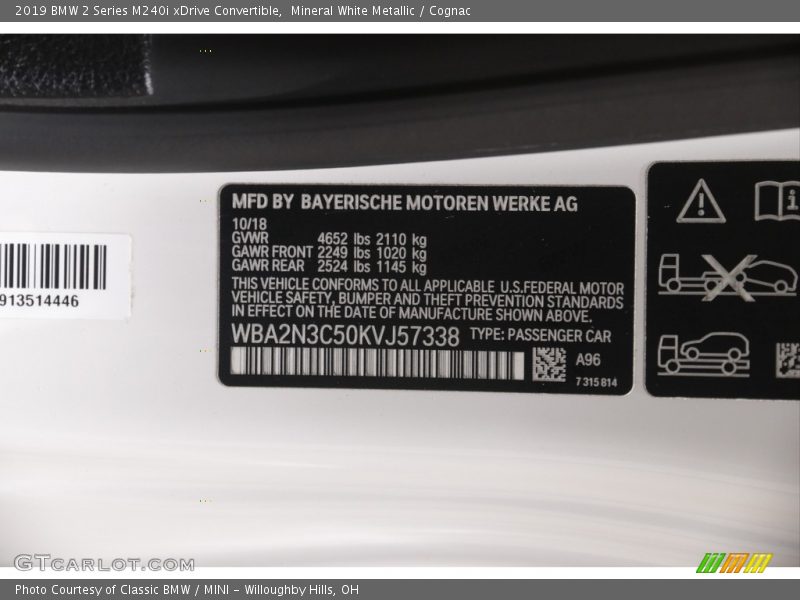 2019 2 Series M240i xDrive Convertible Mineral White Metallic Color Code A96
