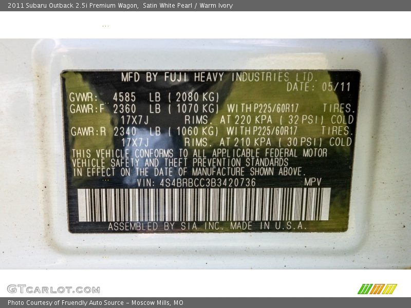 Satin White Pearl / Warm Ivory 2011 Subaru Outback 2.5i Premium Wagon