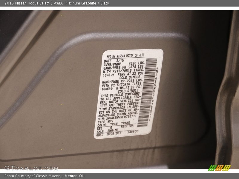 Platinum Graphite / Black 2015 Nissan Rogue Select S AWD
