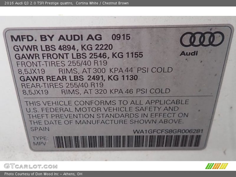 Cortina White / Chestnut Brown 2016 Audi Q3 2.0 TSFI Prestige quattro