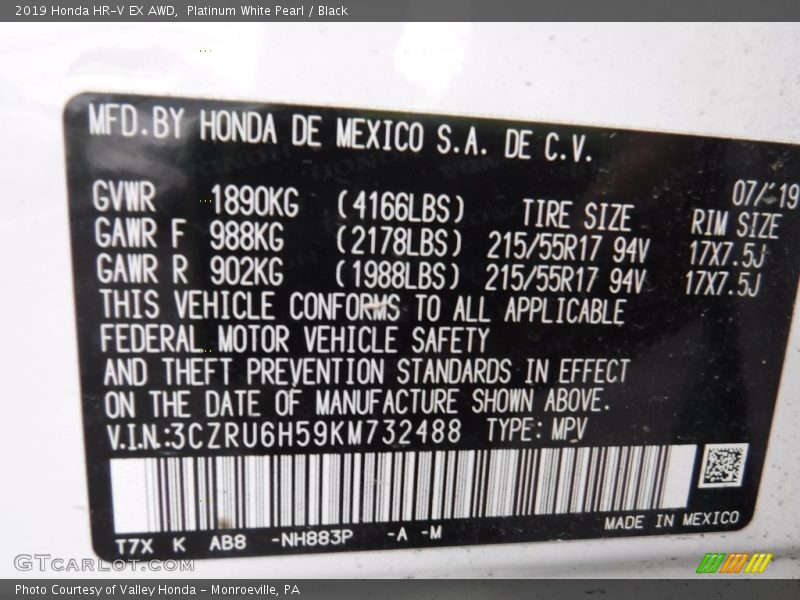 Platinum White Pearl / Black 2019 Honda HR-V EX AWD
