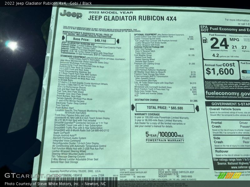  2022 Gladiator Rubicon 4x4 Window Sticker