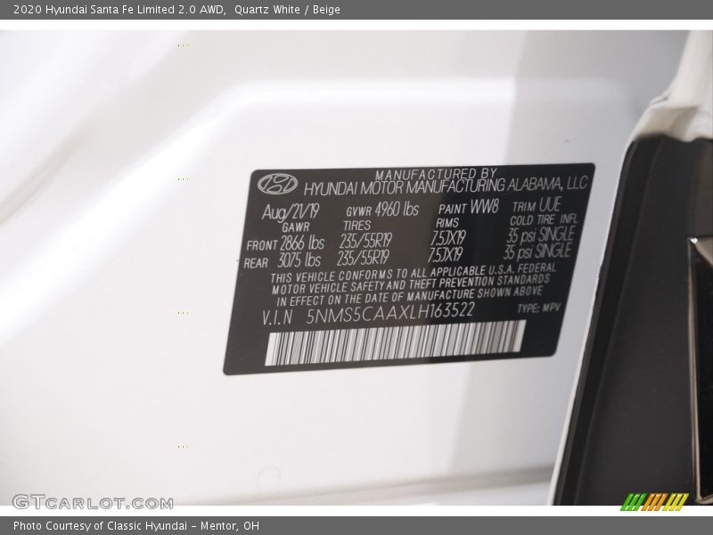 Quartz White / Beige 2020 Hyundai Santa Fe Limited 2.0 AWD