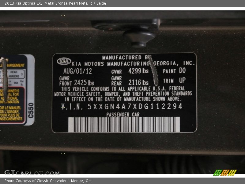 Metal Bronze Pearl Metallic / Beige 2013 Kia Optima EX