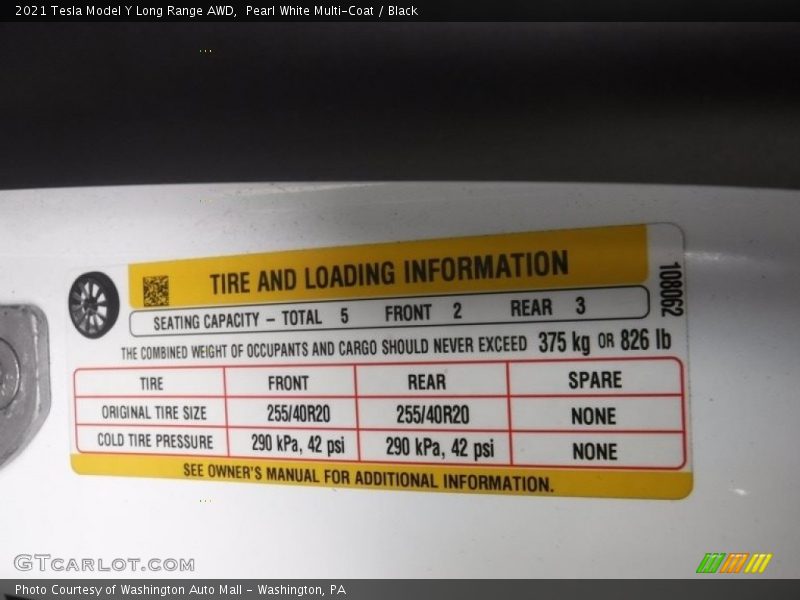 Info Tag of 2021 Model Y Long Range AWD