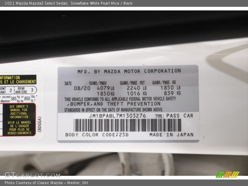 Snowflake White Pearl Mica / Black 2021 Mazda Mazda3 Select Sedan