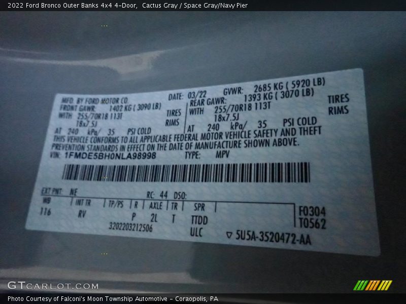 2022 Bronco Outer Banks 4x4 4-Door Cactus Gray Color Code NE