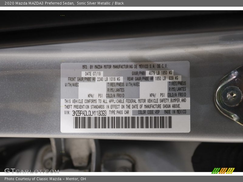 Sonic Silver Metallic / Black 2020 Mazda MAZDA3 Preferred Sedan