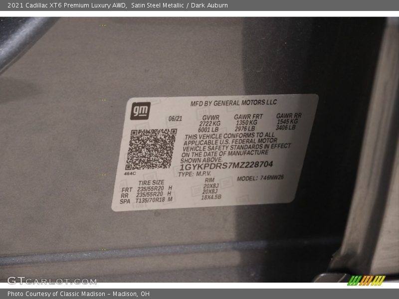 Satin Steel Metallic / Dark Auburn 2021 Cadillac XT6 Premium Luxury AWD